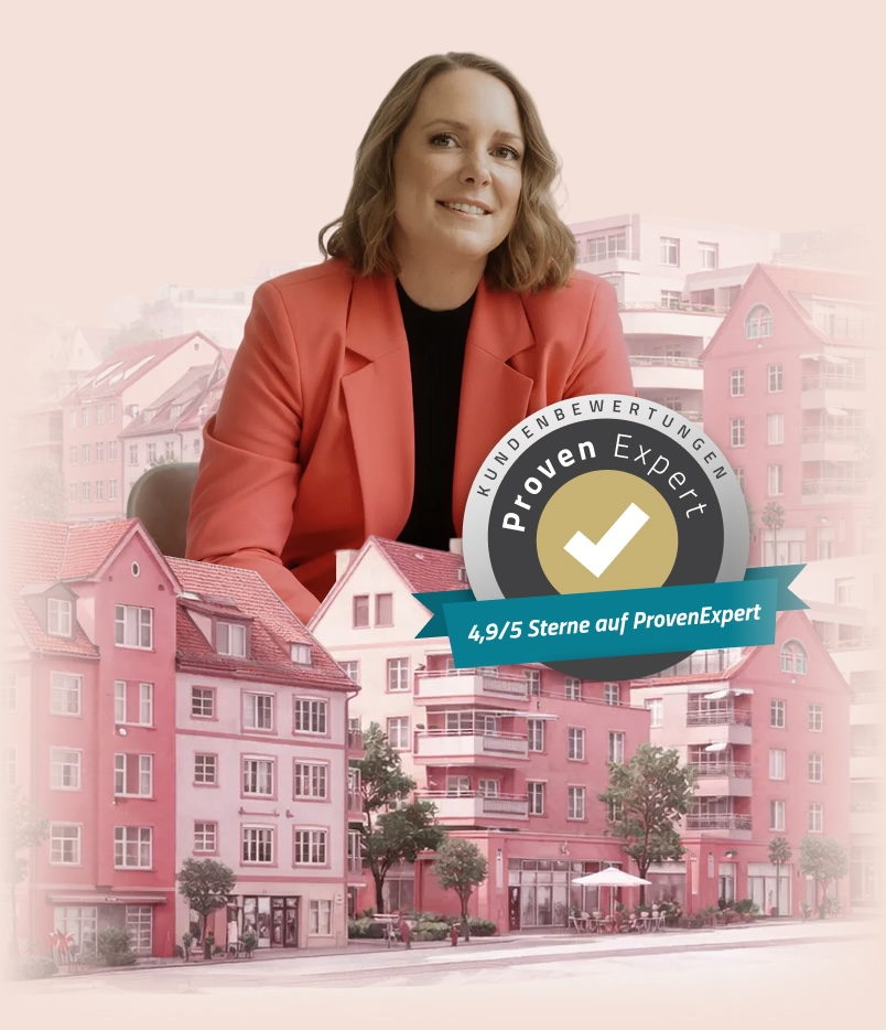 Maike Kipker, Mrs. Property, vor einer Häuserzeile, daneben das ProvenExpert-Siegel